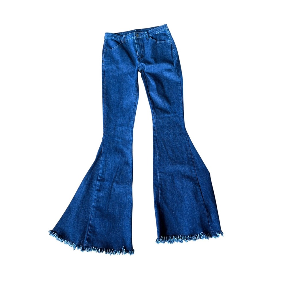 Altar'd State Flare Bell Bottom Raw Hem Jeans Dark Wash Blue large
